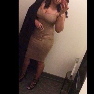 Taupe suede dress with black spaghetti straps